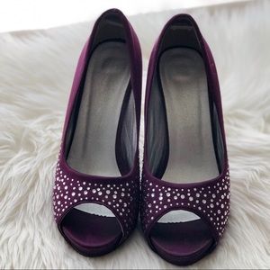 Mascotte plum purple peep toe heels w/ rhinestones